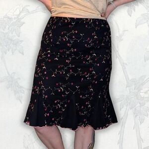 Elementz Black Midi Skirt with Pink Floral Embroidery